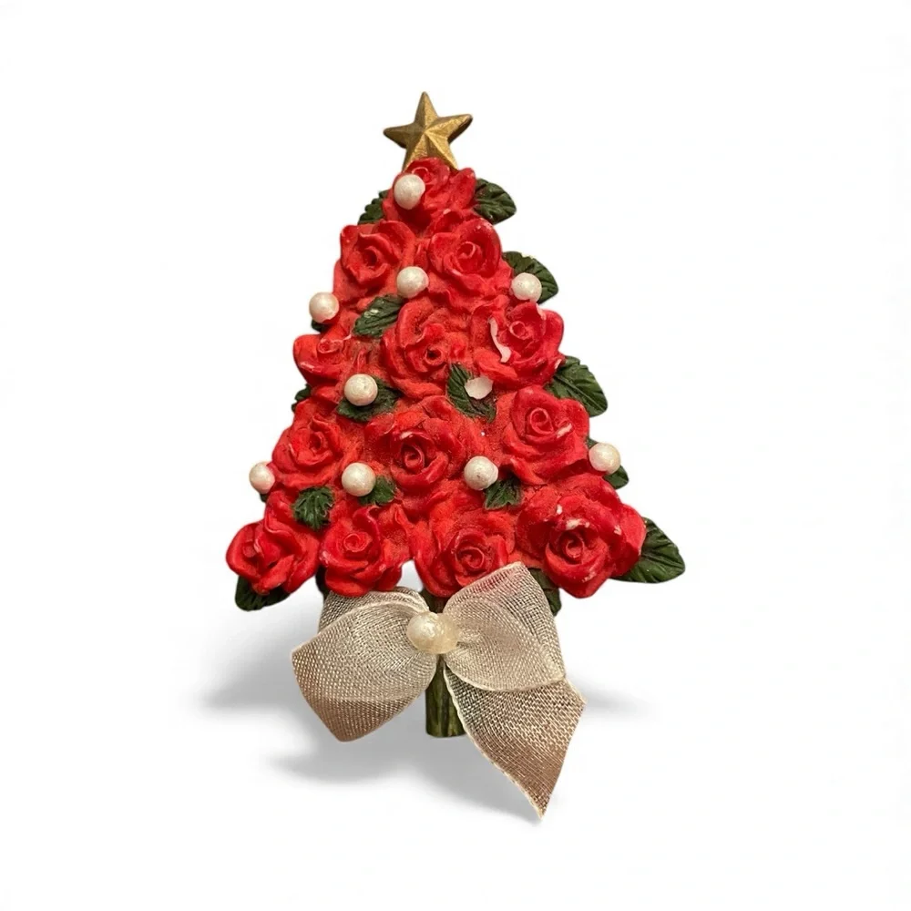 Vintage‎ Avon 2001 Christmas Tree Brooch Red Roses Faux Pearls Holiday Jewelry